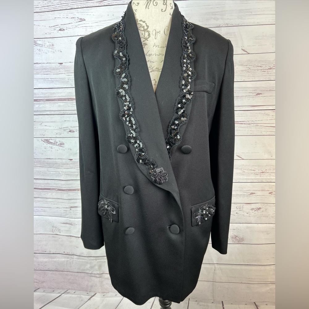 Ellen Tracy Sz 10 Vintage Sequined Tuxedo Blazer Duster Jacket Black Formal